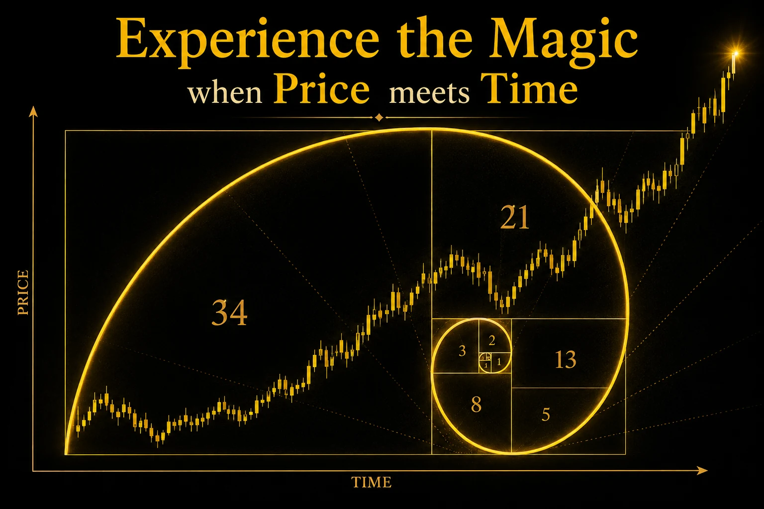 Fibonacci spiral drawn across a golden-ratio grid with a rising candlestick chart, price on the vertical axis and time on the horizontal axis